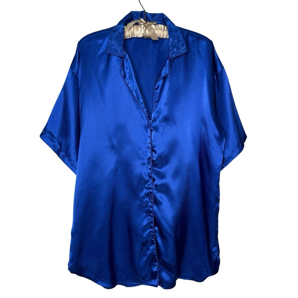 Vintage 80s Gold Label Victorias Secret Night Shirt‎ Dress M/L Blue Satin Korea